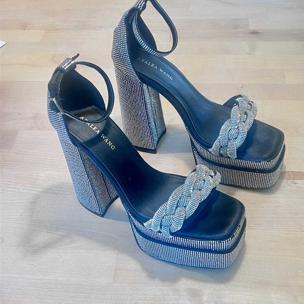 Azalea Wang Black Crystal Braided Platform Heels